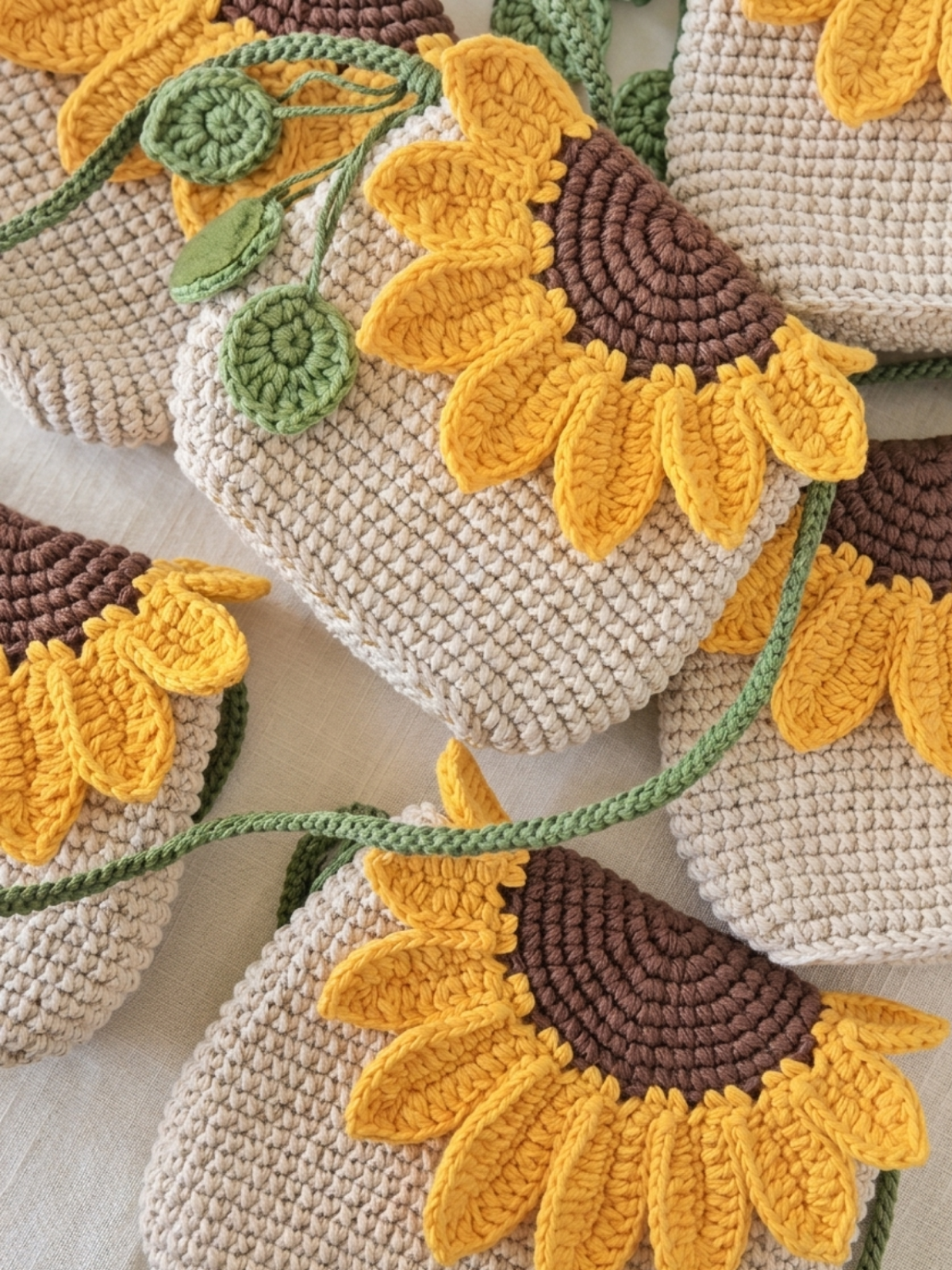 Crocheted sunflower pattern on a beige background