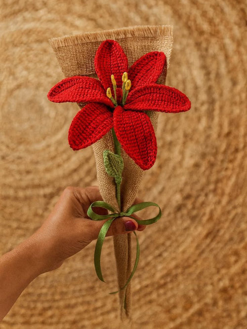 Hand holding a red knitted flower on a textured beige background